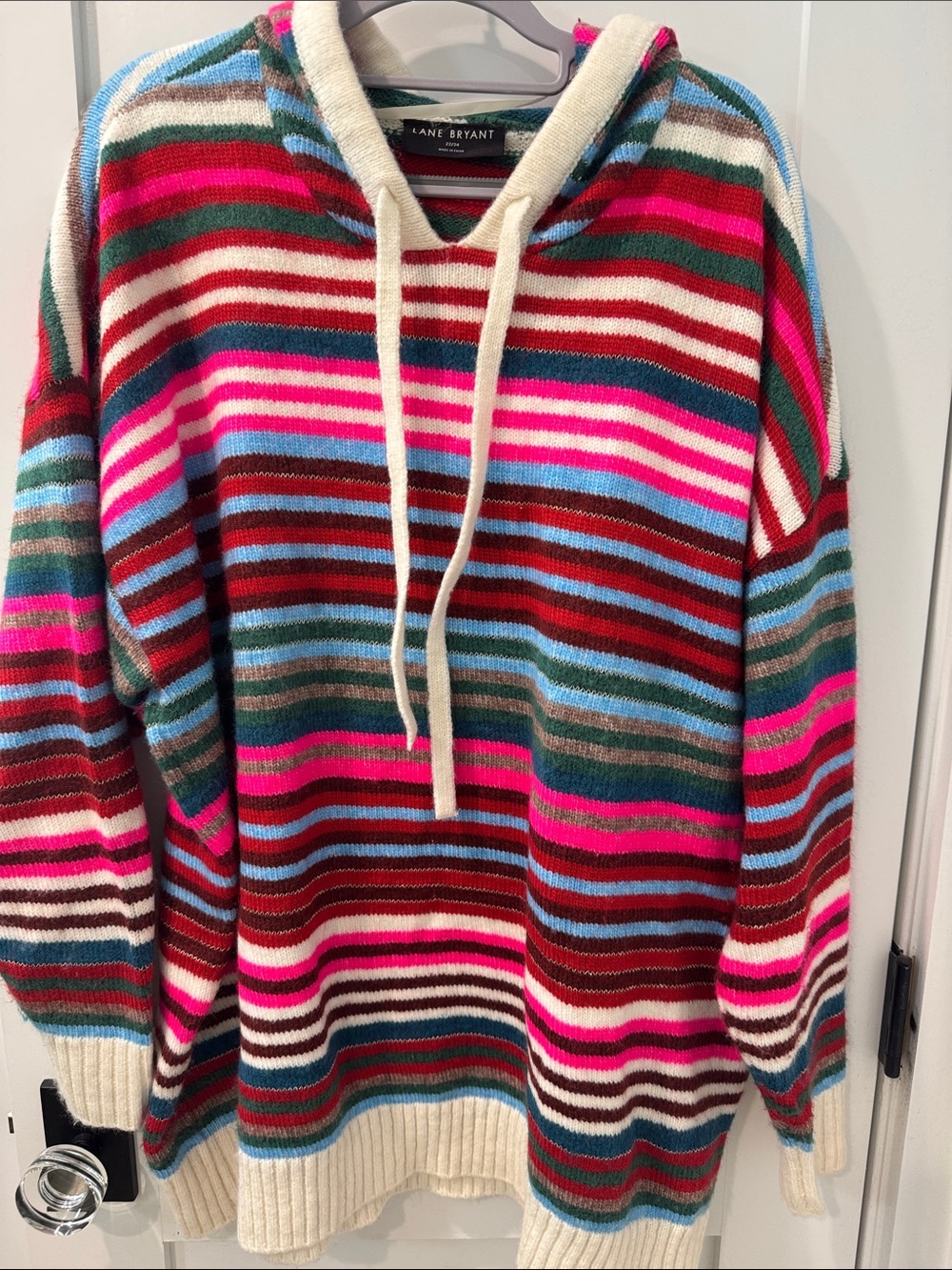 Lane Bryant Cream Hoodie Sweater with Pink, Red, Blue & Green Stripes